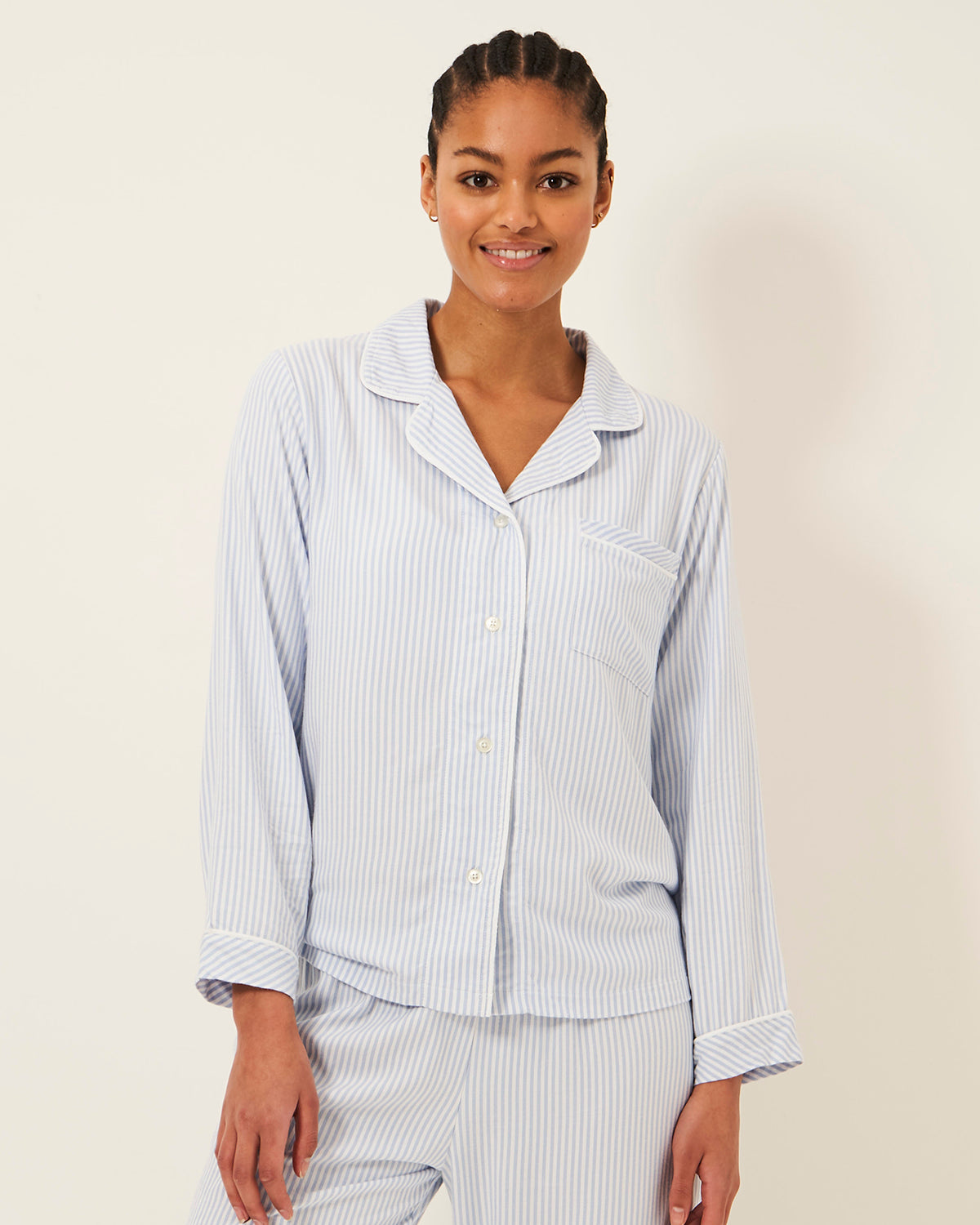 Soft Brushed Woven Pyjama Top Blue Stripe