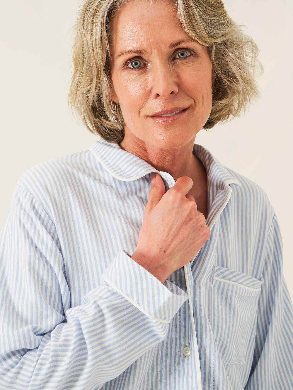 Soft Brushed Woven Pyjama Top - Blue Stripe Anjos & Lourenco