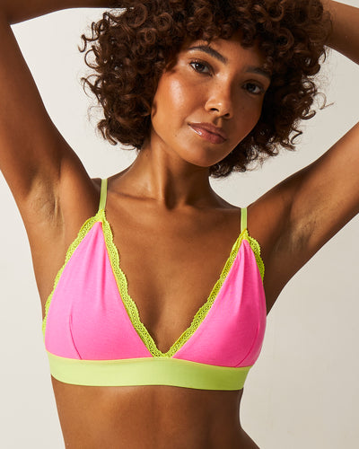 Lace Bralette -  Electric Neon Hot Pink and Yellow Stripe & Stare