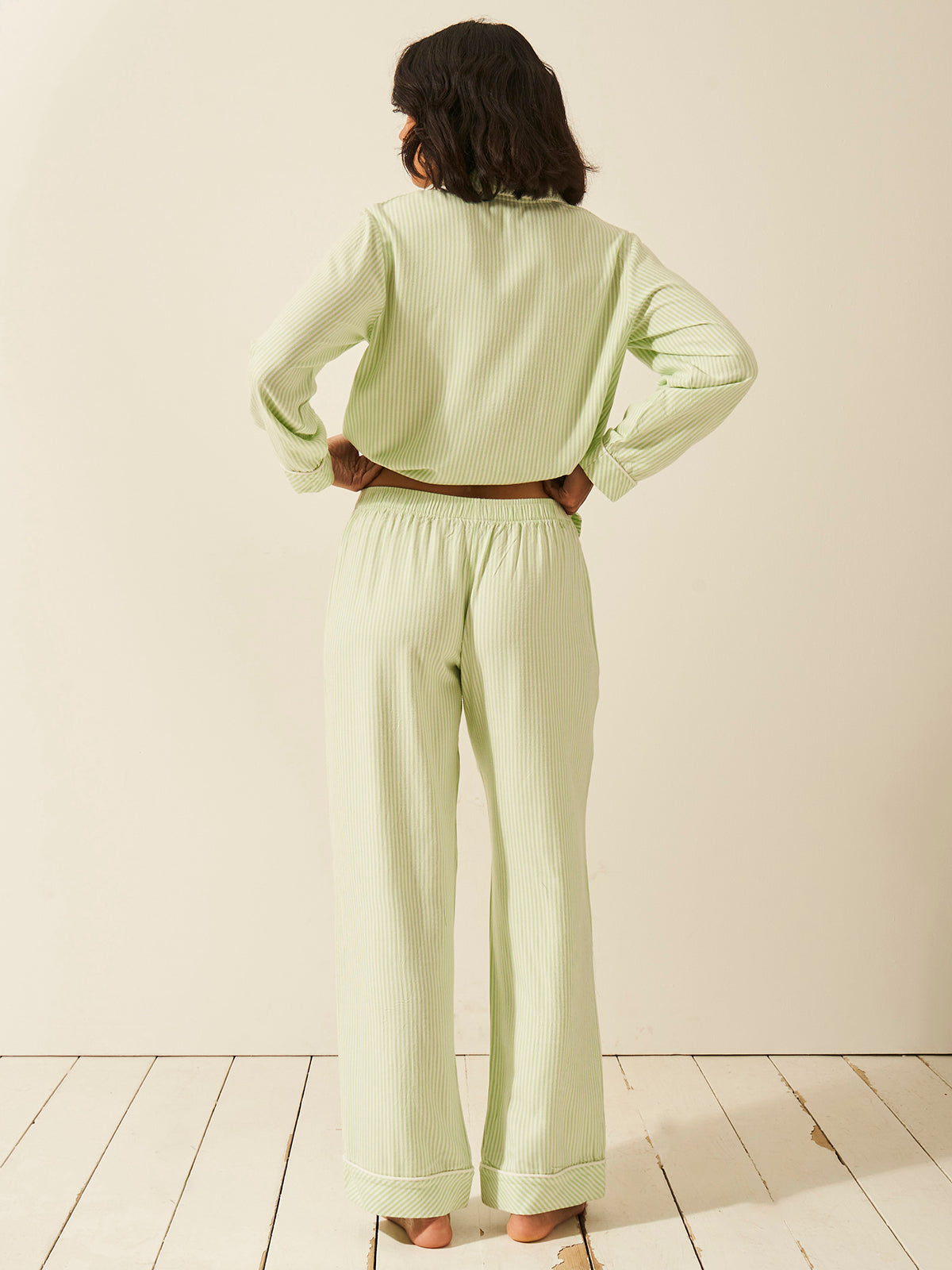 Emily English X S&S Soft Brushed Woven Pyjama Bottoms - Matcha Stripe Anjos & Lourenco
