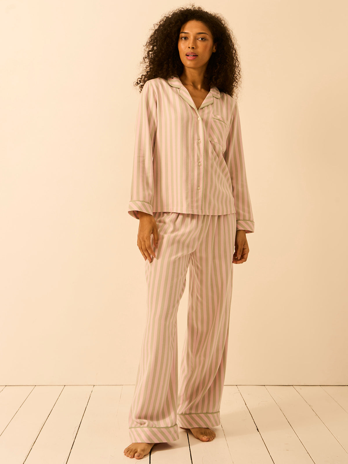 Soft Brushed Woven Pyjama Top - Eucalyptus Stripe