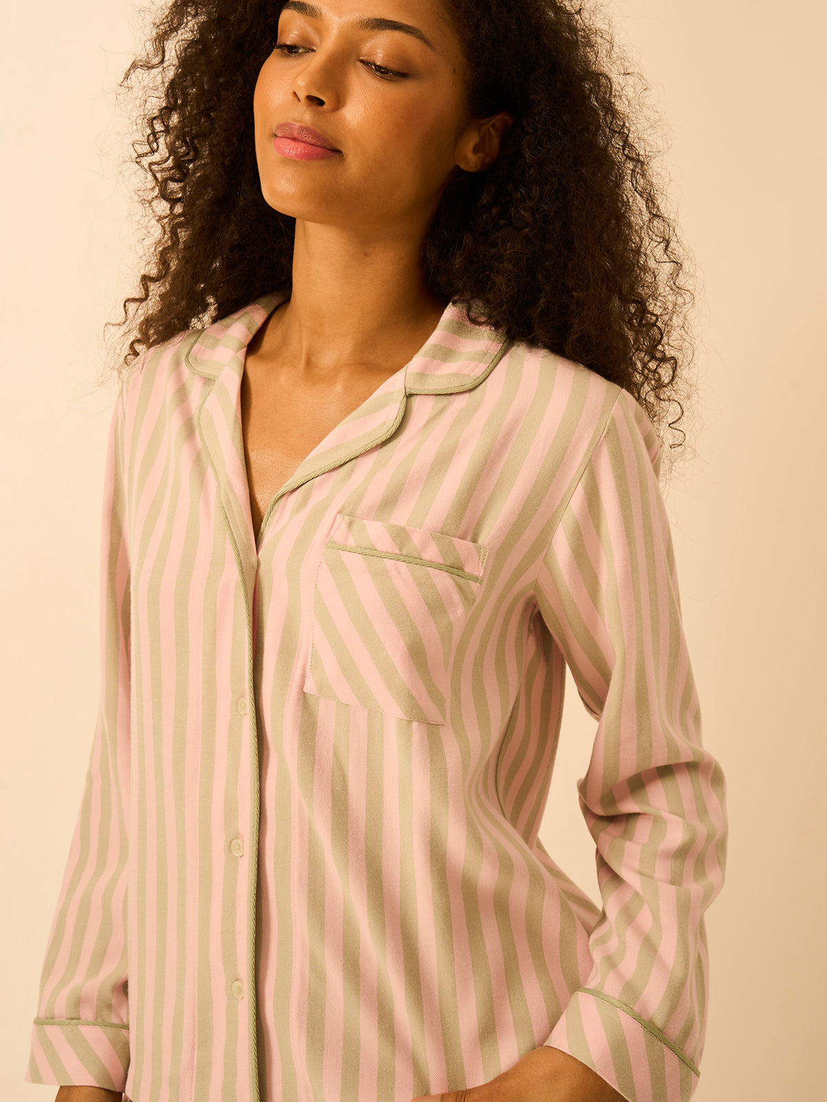 Soft Brushed Woven Pyjama Top - Eucalyptus Stripe