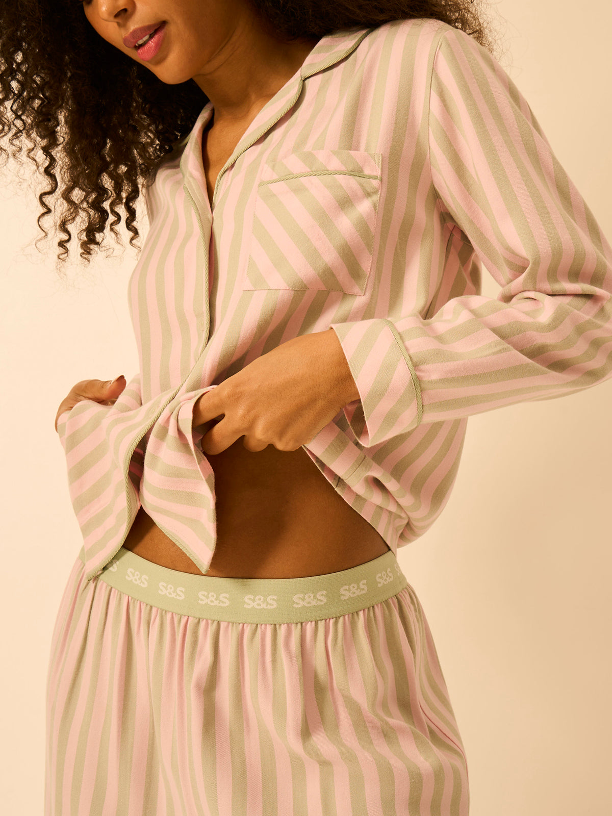 Soft Brushed Woven Pyjama Top - Eucalyptus Stripe