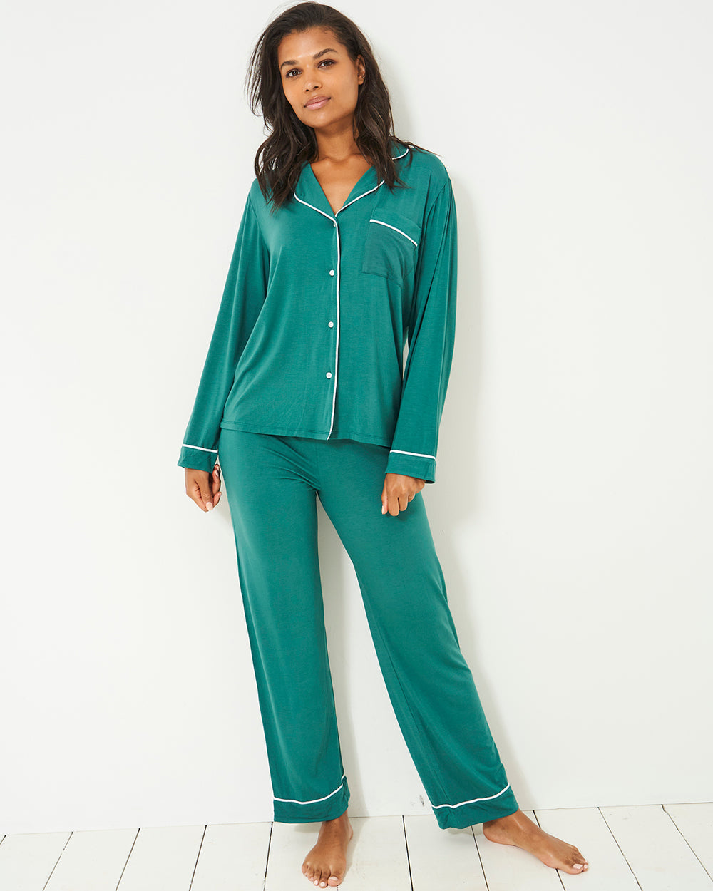 Long Pyjama Set - Forest Green Stripe & Stare