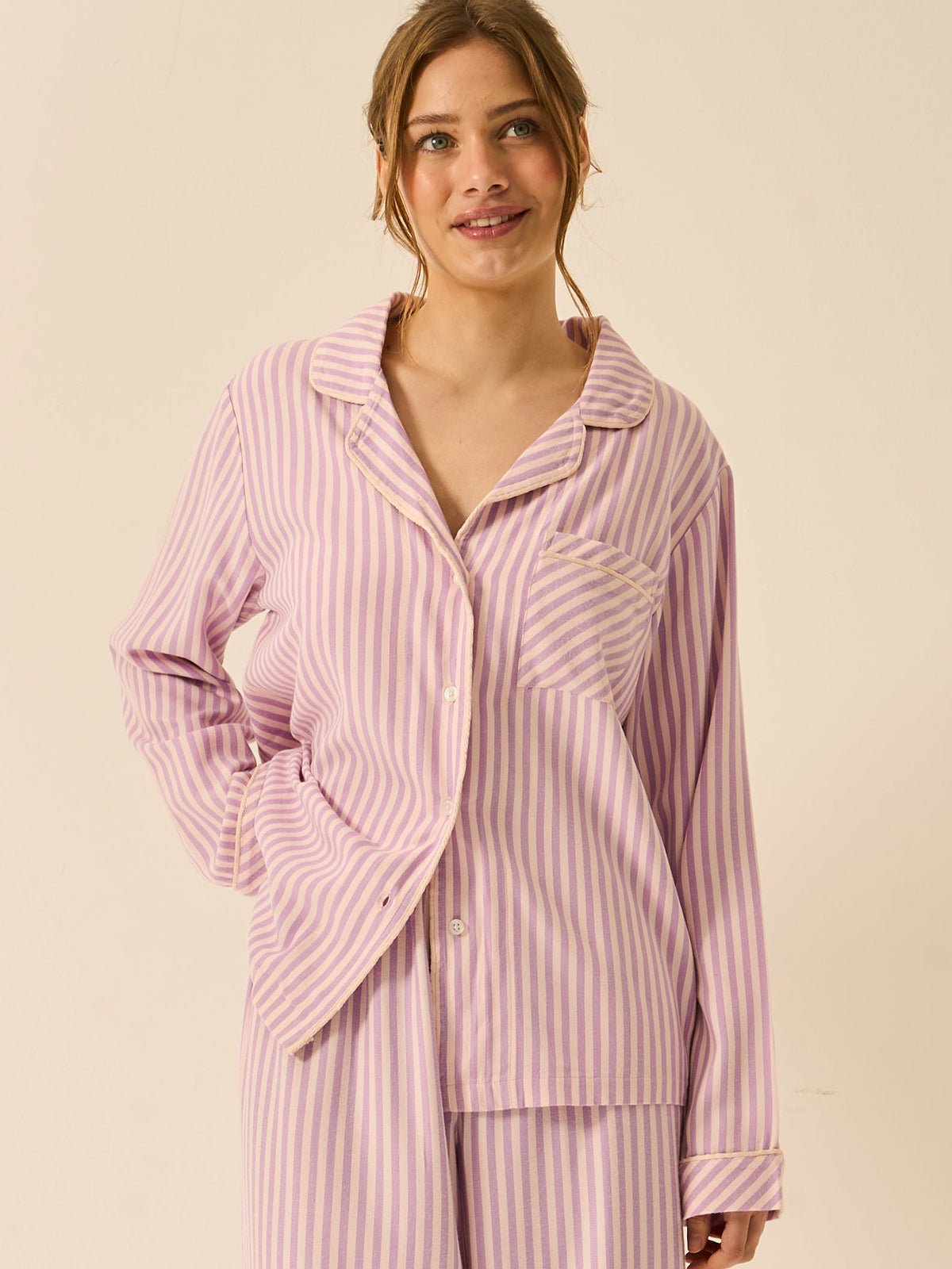 Soft Brushed Woven Pyjama Top -  Lavender Haze Stripe