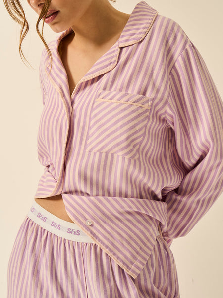 Soft Brushed Woven Pyjama Top -  Lavender Haze Stripe
