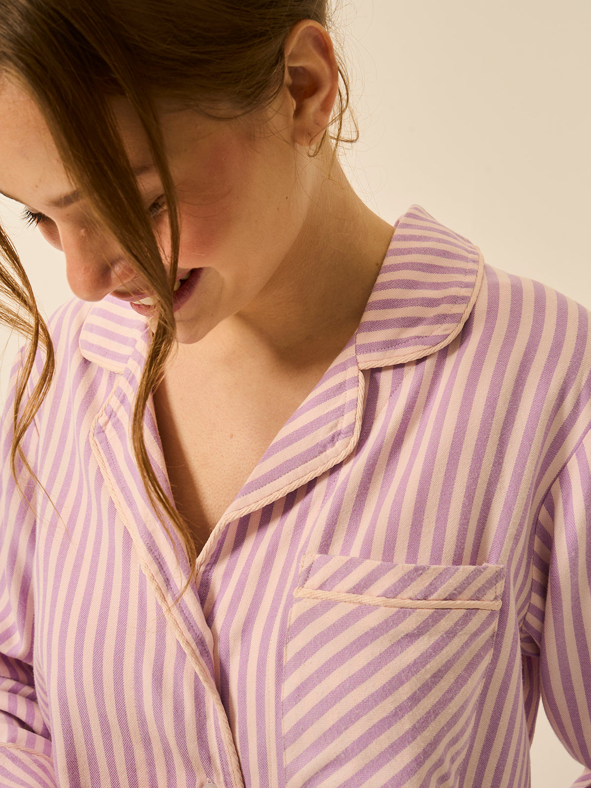Soft Brushed Woven Pyjama Top -  Lavender Haze Stripe