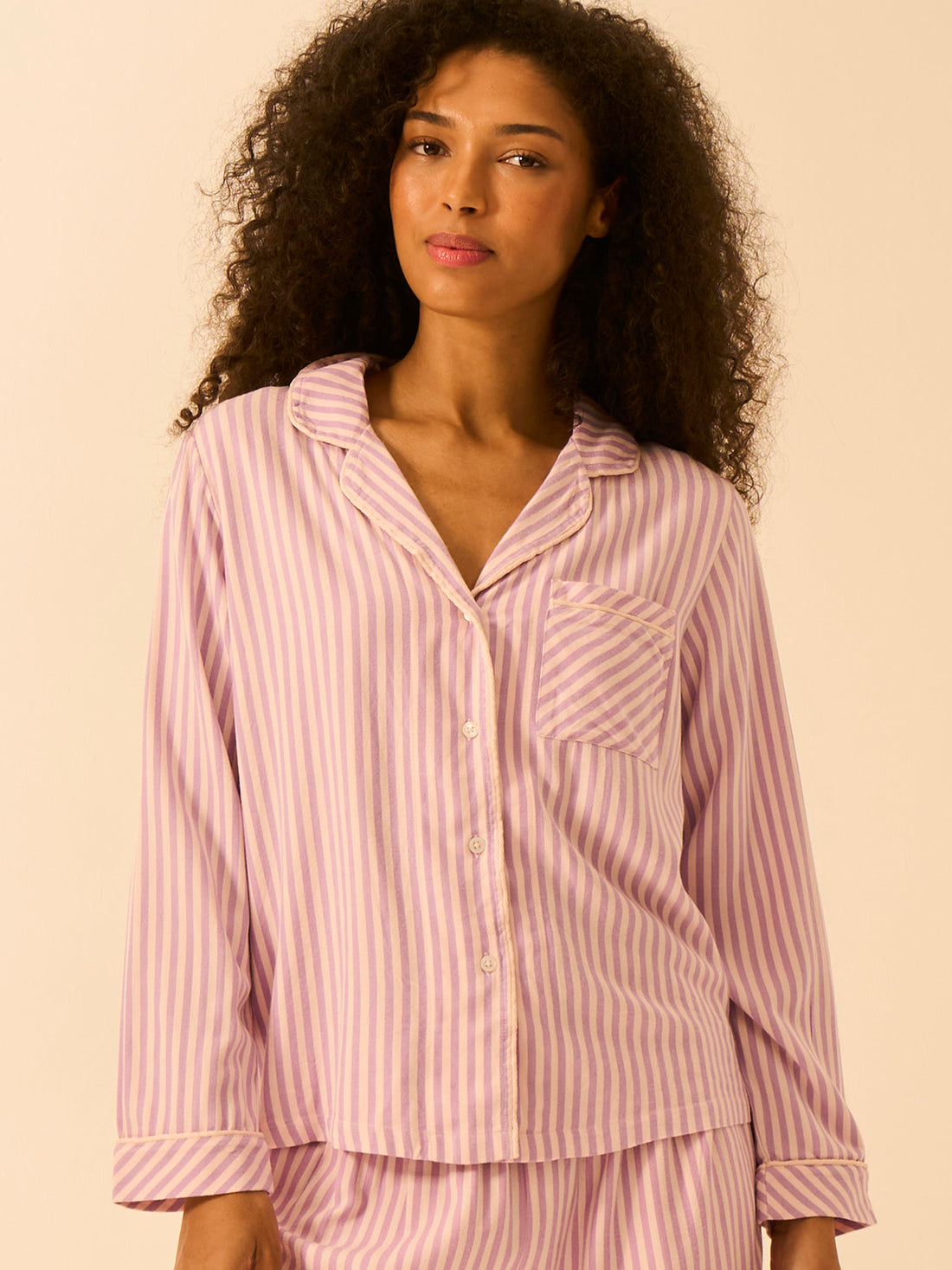 Soft Brushed Woven Pyjama Top - Lavender Haze Stripe