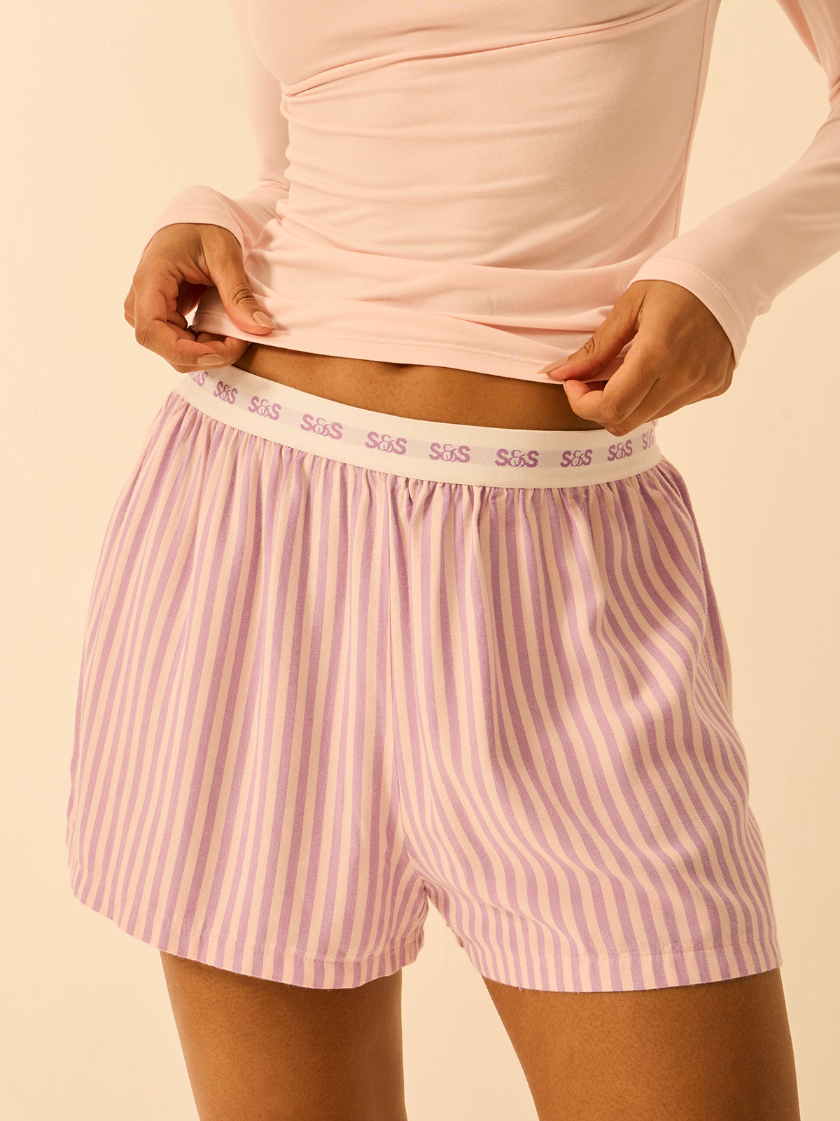 Soft Brushed Woven Pyjama Shorts - Lavender Haze Stripe