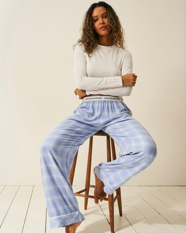 Soft Brushed Woven Pyjama Bottoms - Blue Check Stripe & Stare