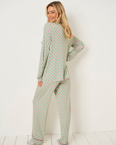 Long Sleeve Pyjama Set - Green Floral Tile Stripe & Stare