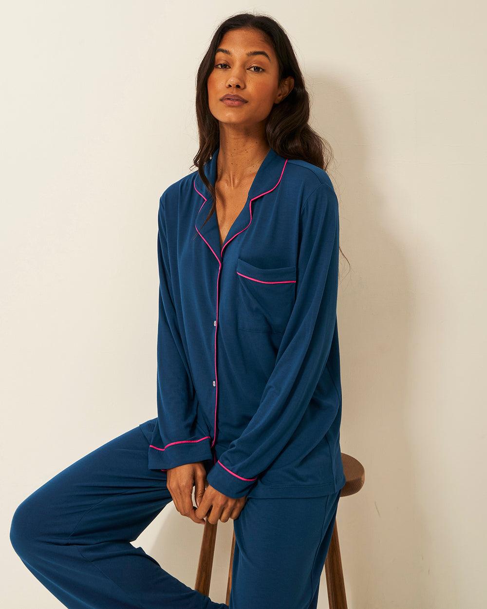 Long Pyjama Set - Midnight and Raspberry Stripe & Stare