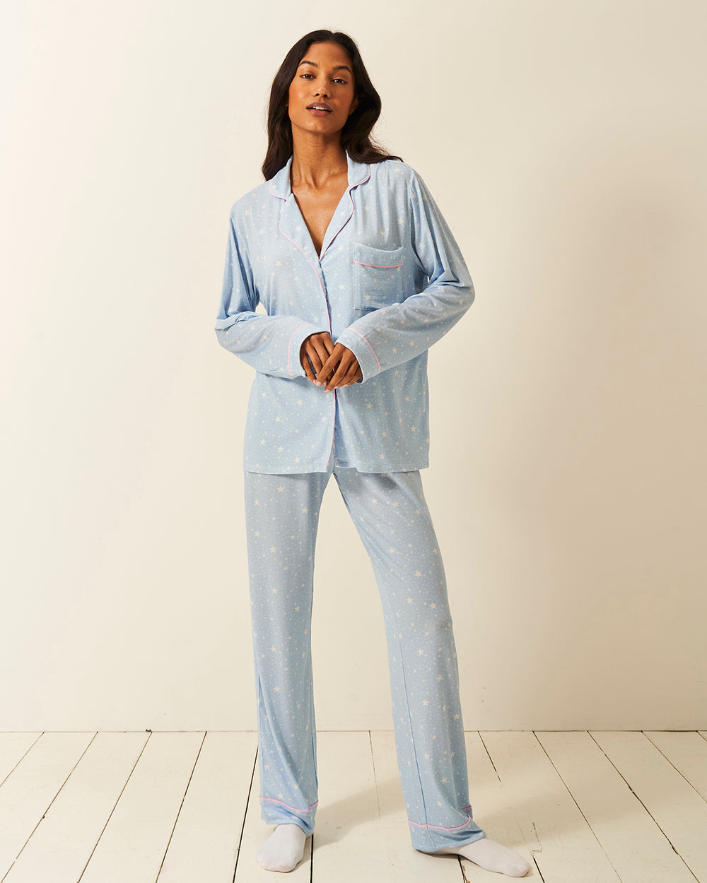 Long Pyjama Set - Pale Blue Stars Stripe & Stare