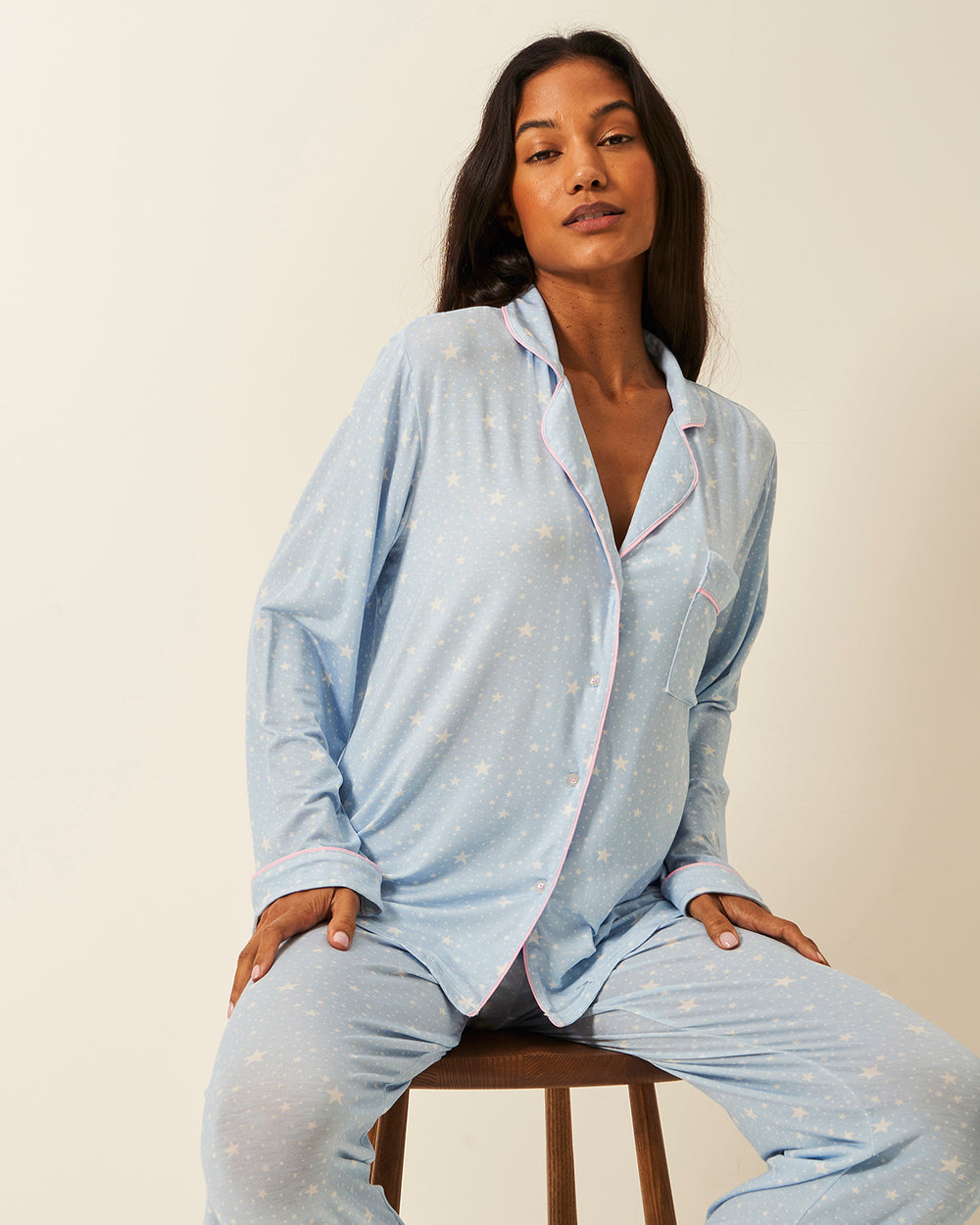 Long Pyjama Set - Pale Blue Stars Stripe & Stare