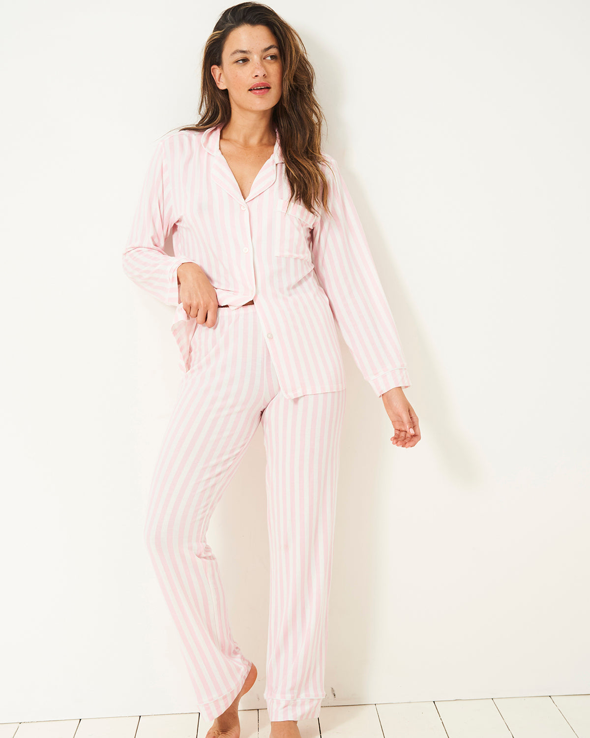 Pink and white striped on sale pajamas