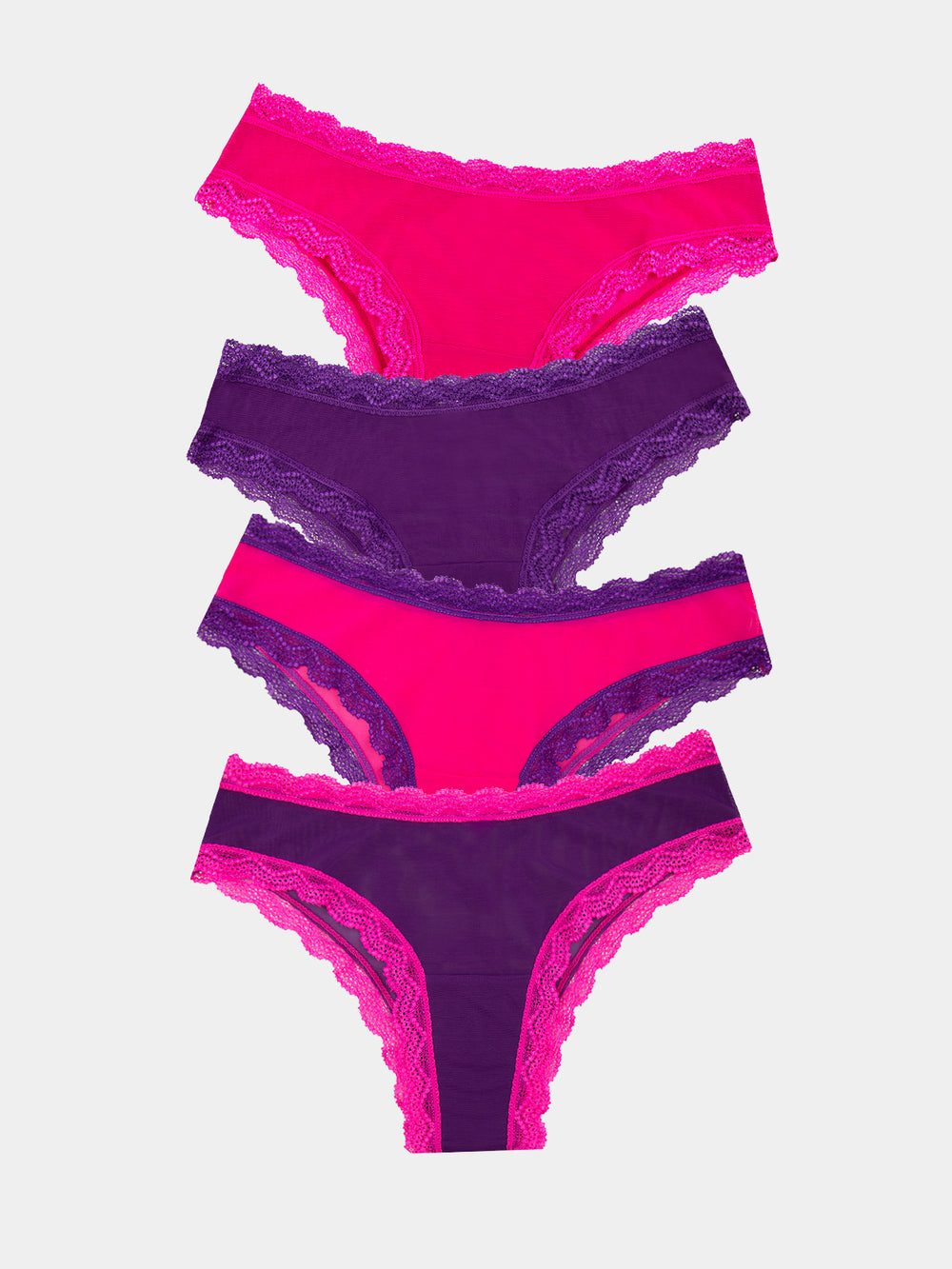 Mesh Brazilian Knicker Four Pack - Purple & Raspberry Stripe & Stare