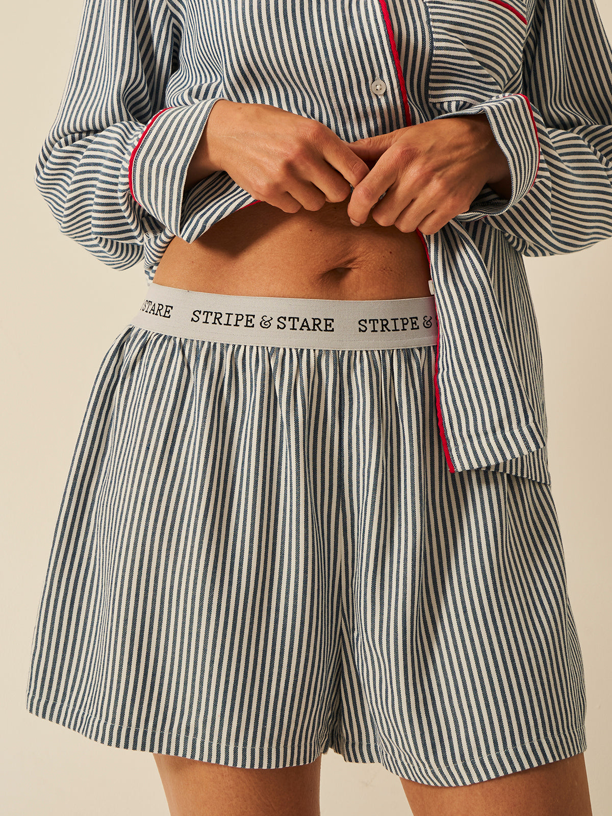 Soft Brushed Woven Pyjama Shorts - Midnight Stripe Anjos & Lourenco