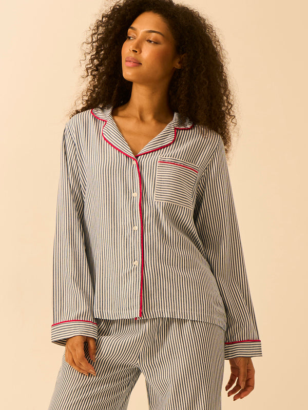 Soft Brushed Woven Pyjama Top - Midnight Stripe