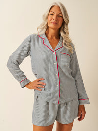 Soft Brushed Woven Pyjama Top - Midnight Stripe Anjos & Lourenco