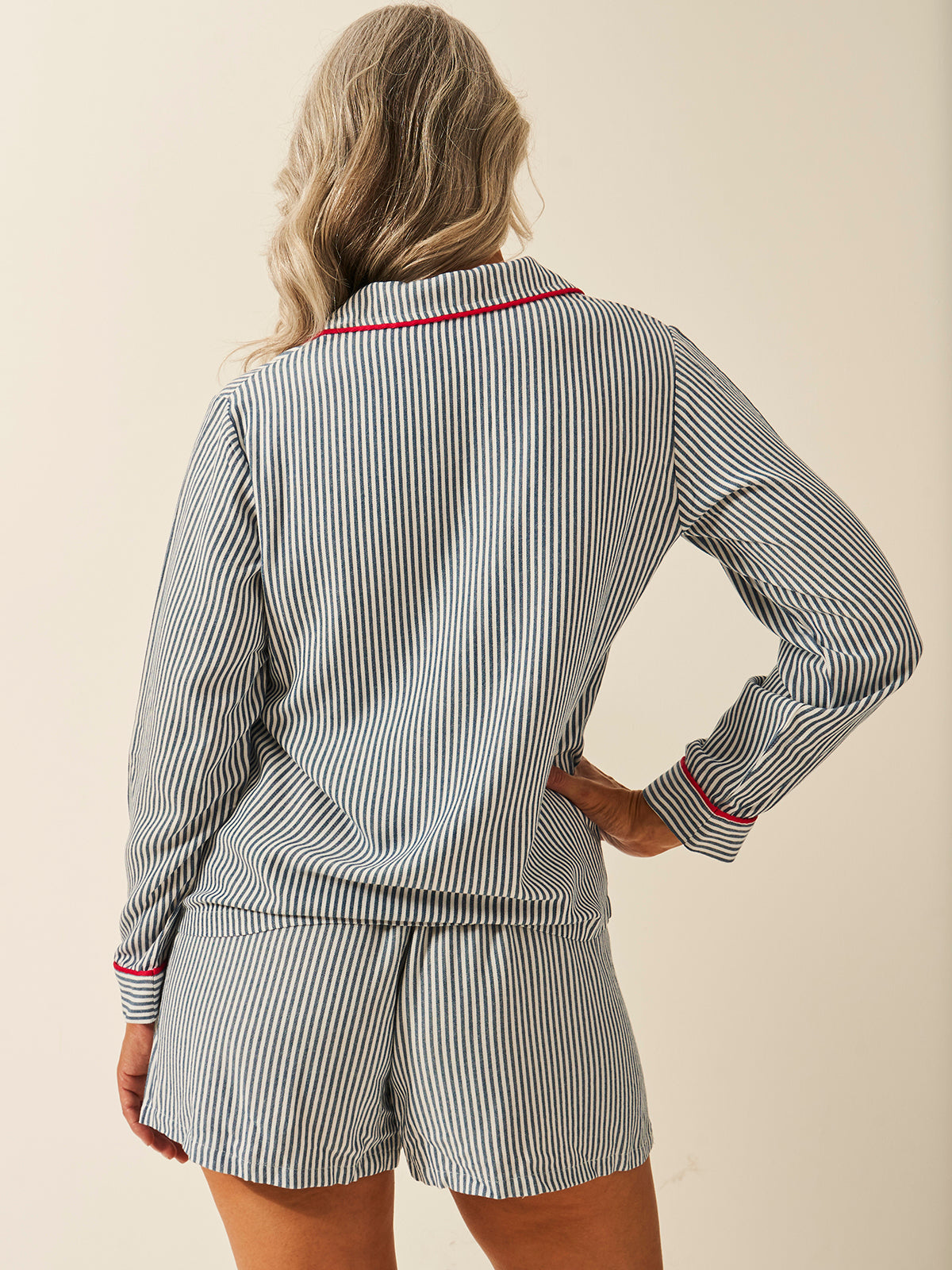 Soft Brushed Woven Pyjama Top - Midnight Stripe Anjos & Lourenco
