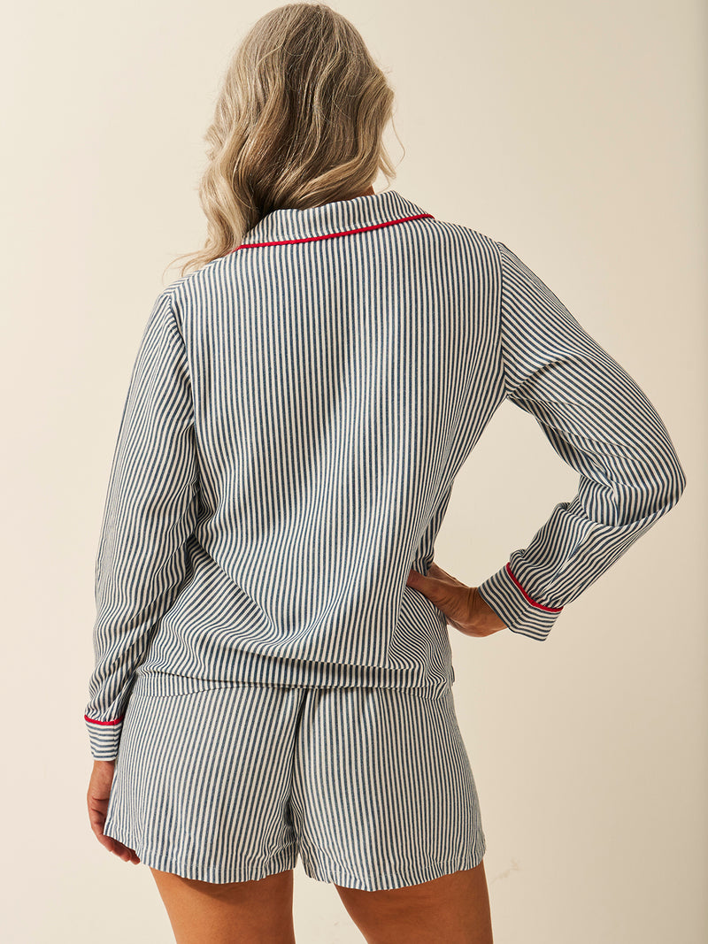 Soft Brushed Woven Pyjama Top - Midnight Stripe Anjos & Lourenco