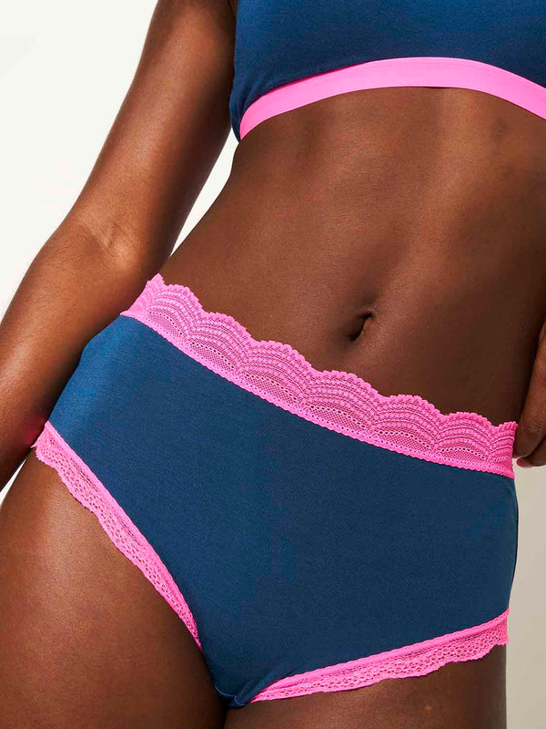 High Rise Knicker - Midnight Neon Pink Stripe & Stare