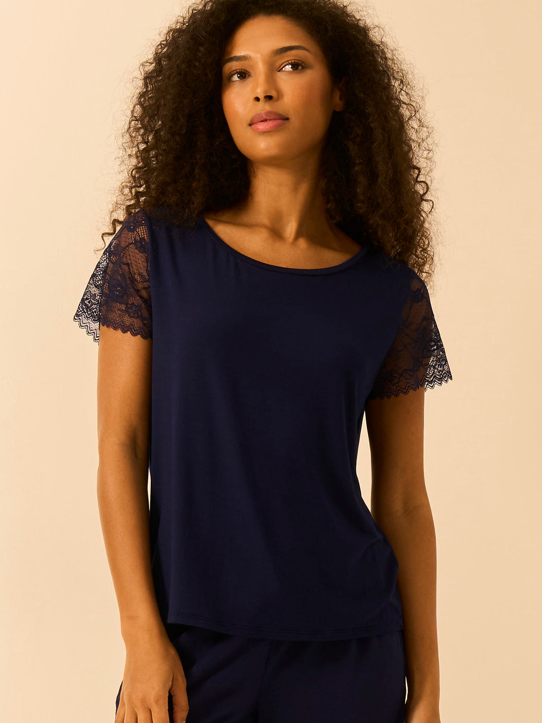 Eco Lace Slouchy Pyjama Top - Navy
