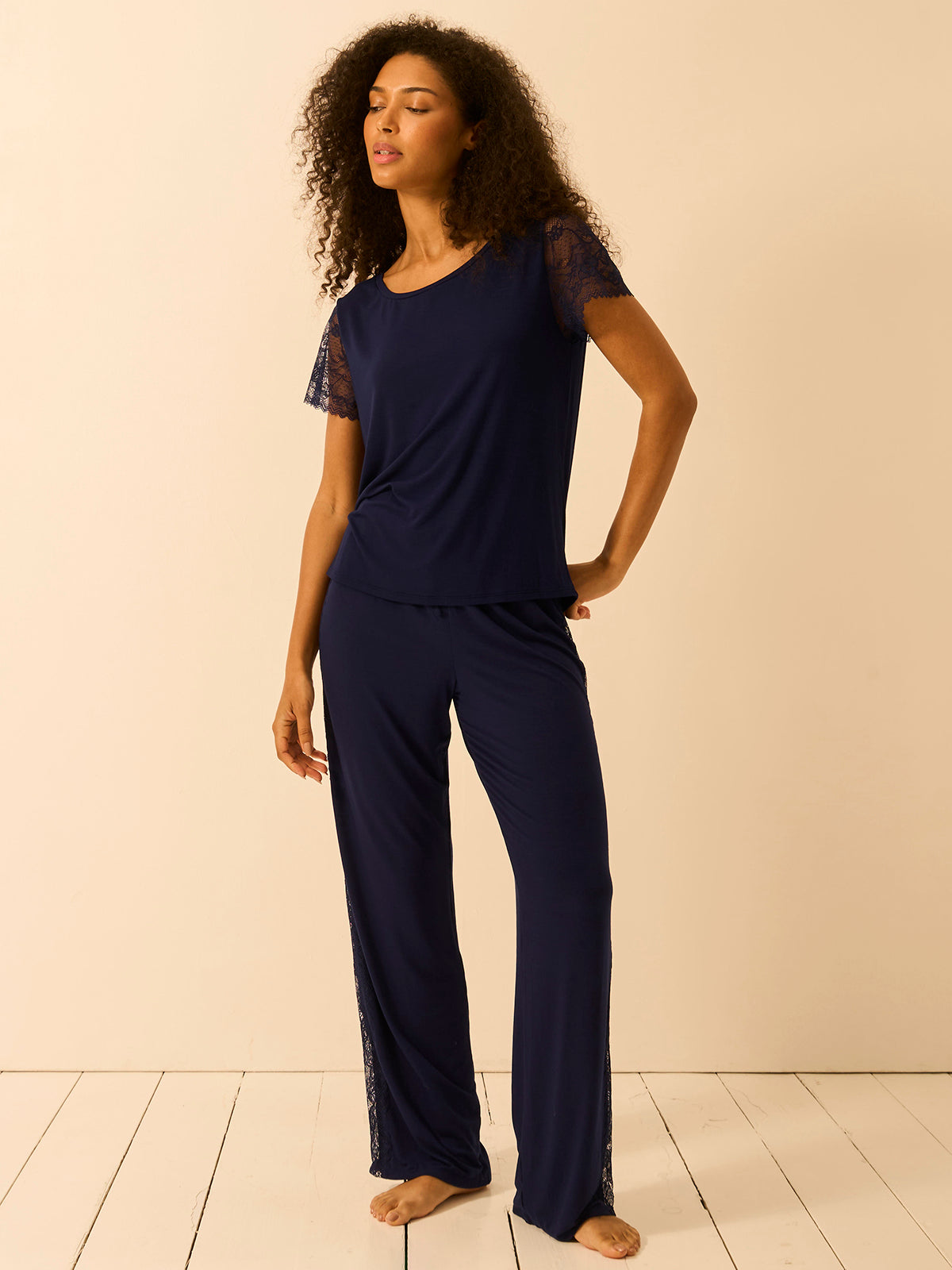 Eco Lace Long Pyjama Bottoms - Navy