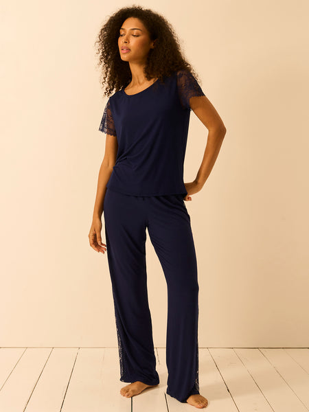 Eco Lace Long Pyjama Bottoms - Navy