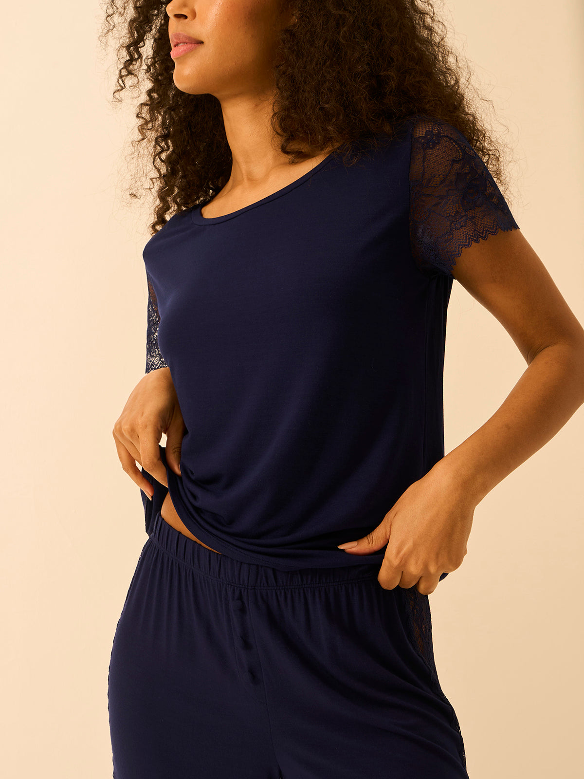 Eco Lace Slouchy Pyjama Top - Navy