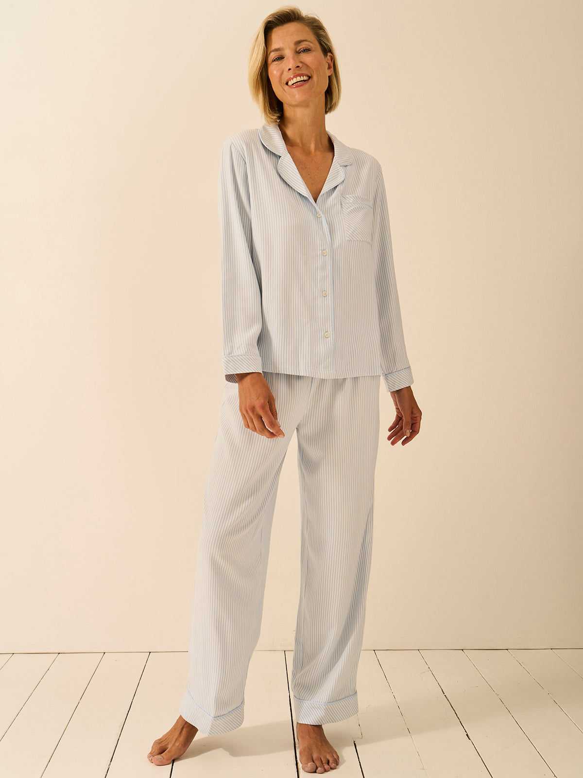 Soft Brushed Woven Pyjama Top - Blue Mini Stripe