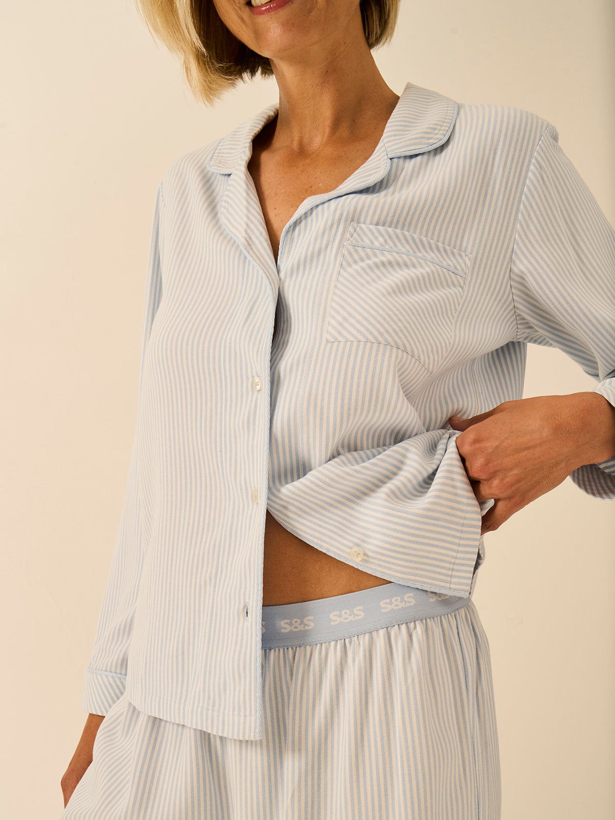 Soft Brushed Woven Pyjama Top - Blue Mini Stripe