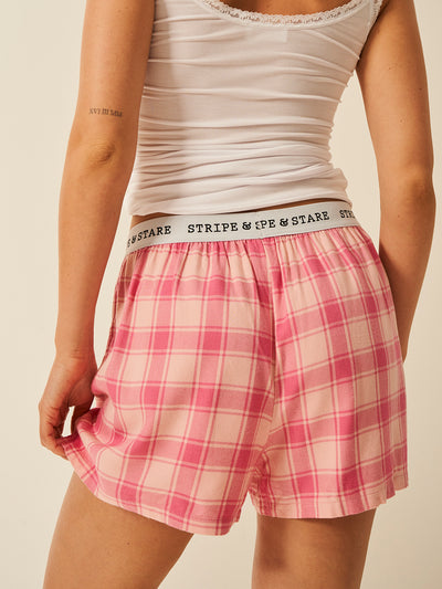 Soft Brushed Woven Pyjama Shorts - Pink Check Anjos & Lourenco