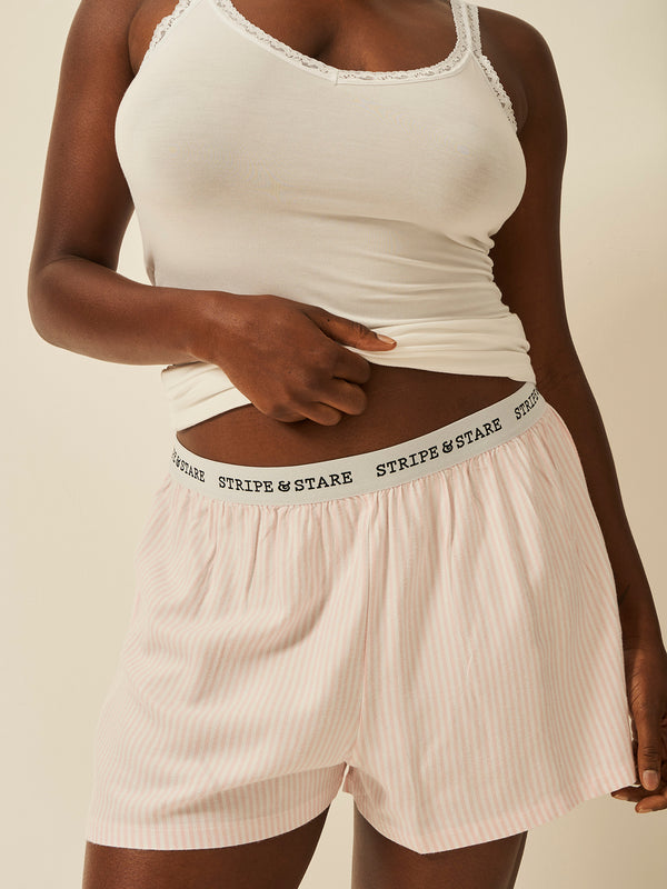 Soft Brushed Woven Pyjama Shorts - Pink Stripe Anjos & Lourenco