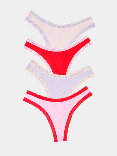 Thong Four Pack - Pink and Red Contrast Stripe & Stare