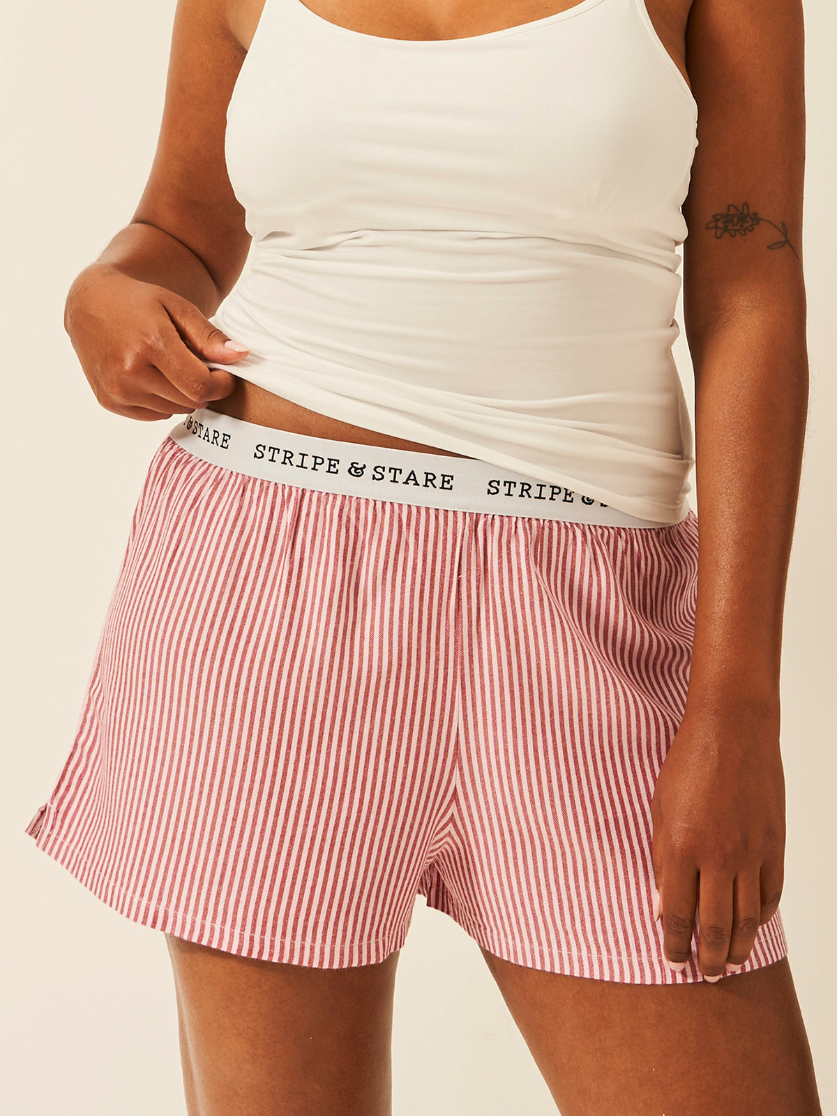 Soft Brushed Woven Pyjama Shorts - Red Stripe Anjos & Lourenco
