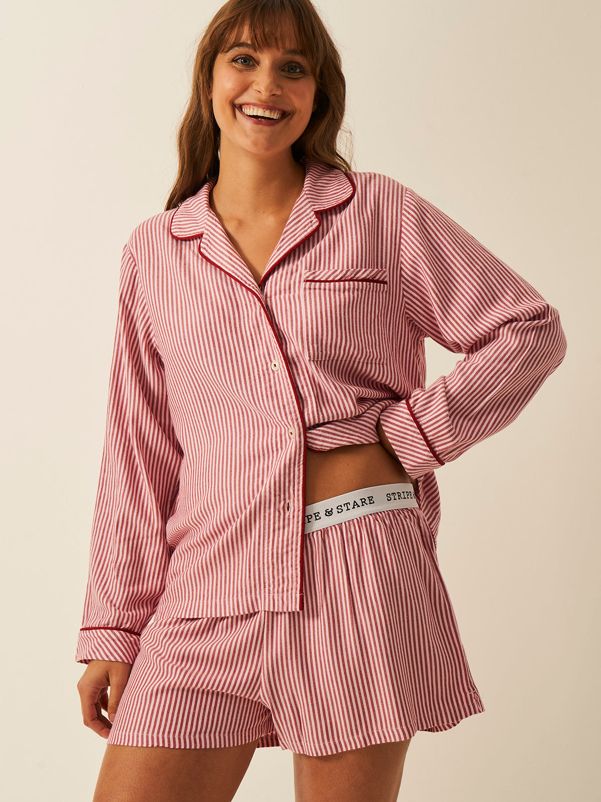 Soft Brushed Woven Pyjama Top - Red Stripe