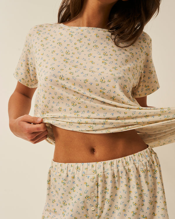 T-shirt & Bed Short Set - Summer Lemon Stripe & Stare