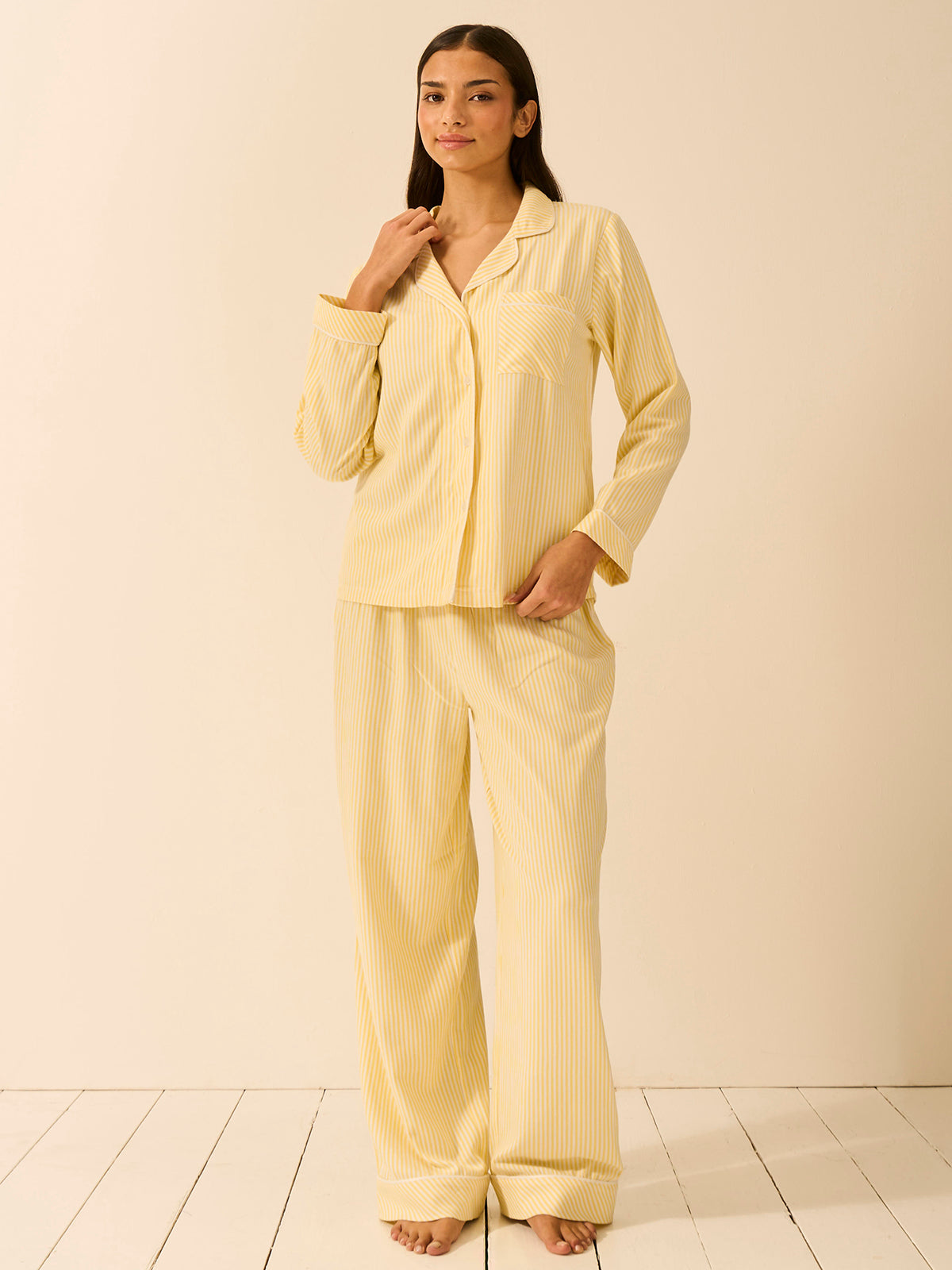 Soft Brushed Woven Pyjama Top - Lemon Stripe