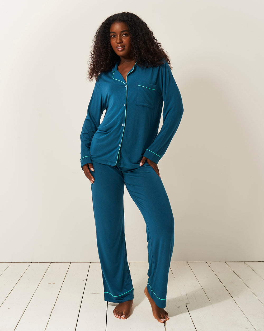 Long Pyjama Set - Teal Stripe & Stare