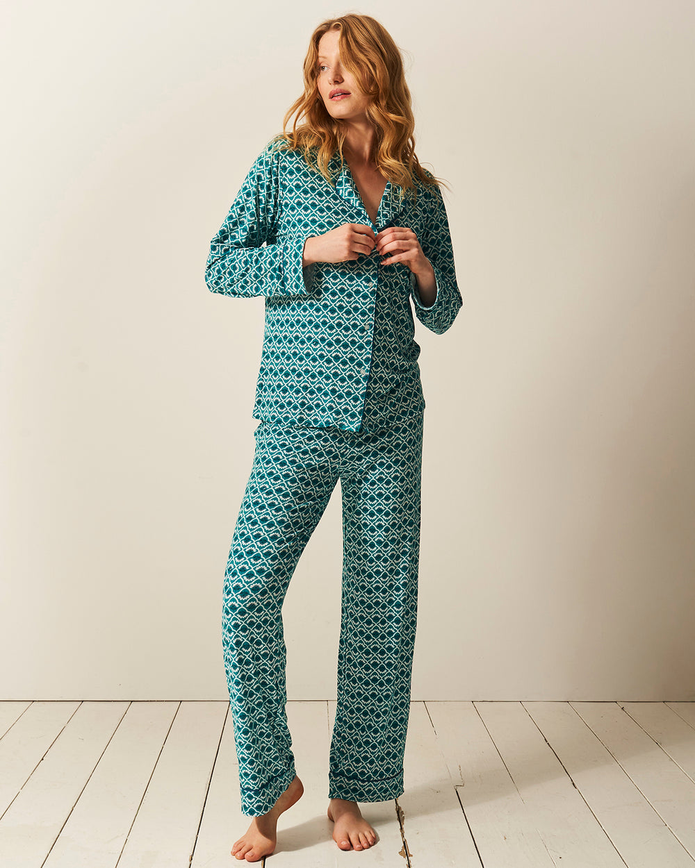 Long Pyjama Set - Teal Floral Tile Stripe & Stare