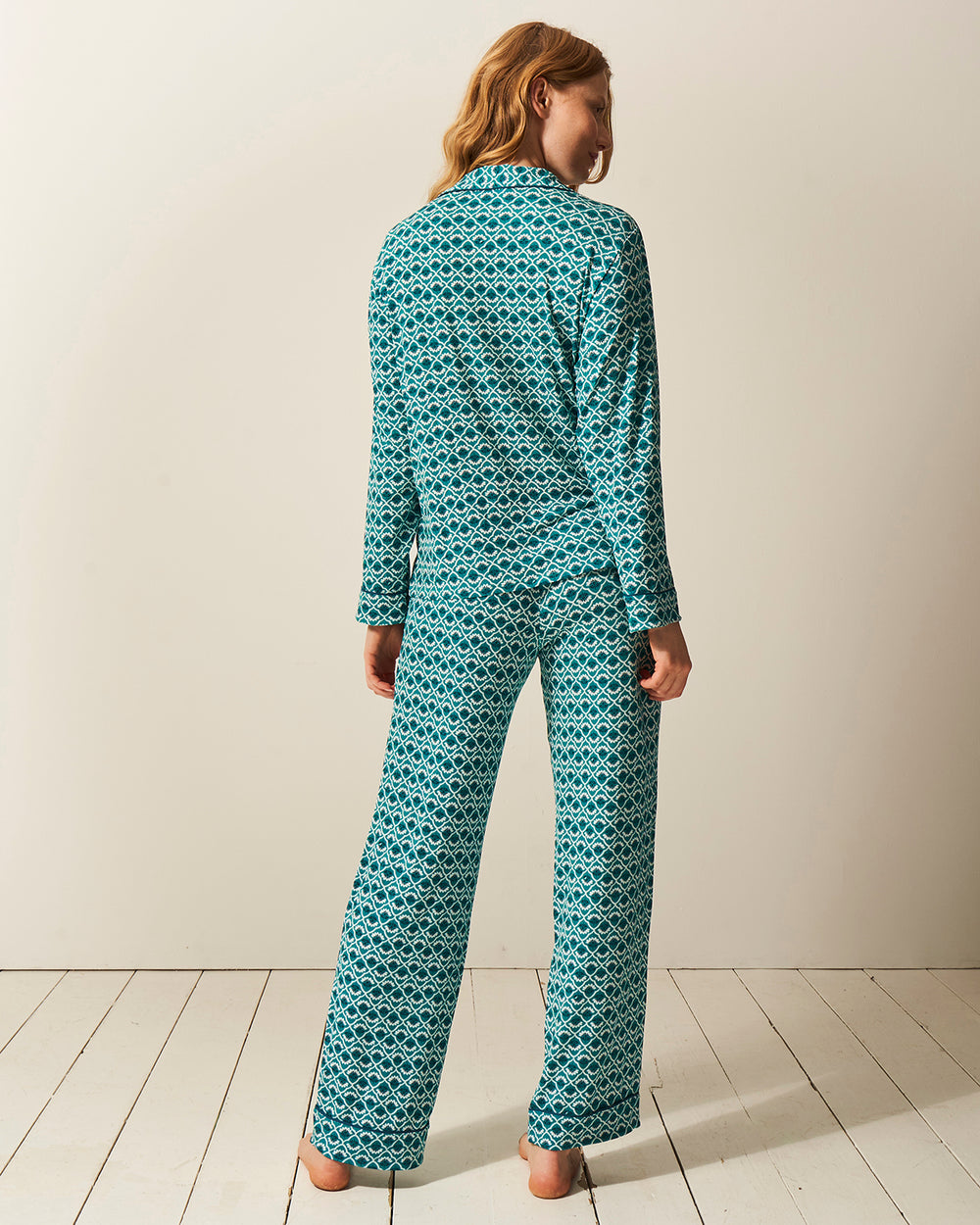 Long Pyjama Set - Teal Floral Tile Stripe & Stare