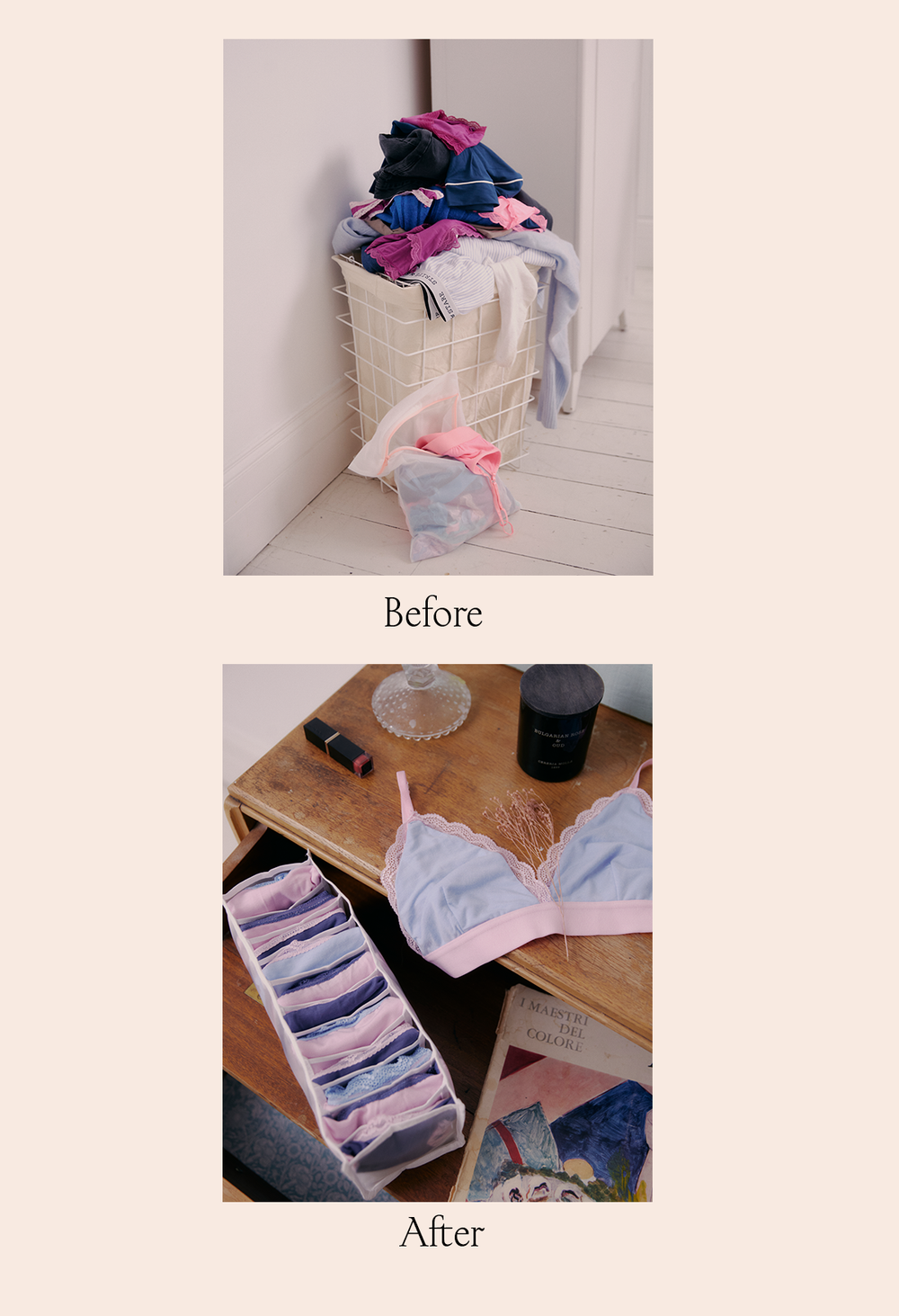 untidy basket and tidy underwear drawer