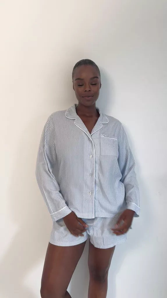 Soft Brushed Woven Pyjama Top - Blue Stripe Anjos & Lourenco
