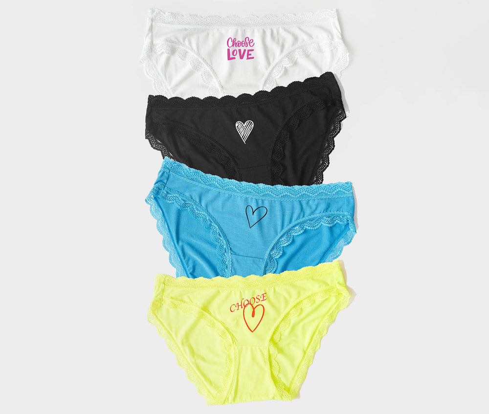 Four pairs of knickers on top of each other with Choose Love prints