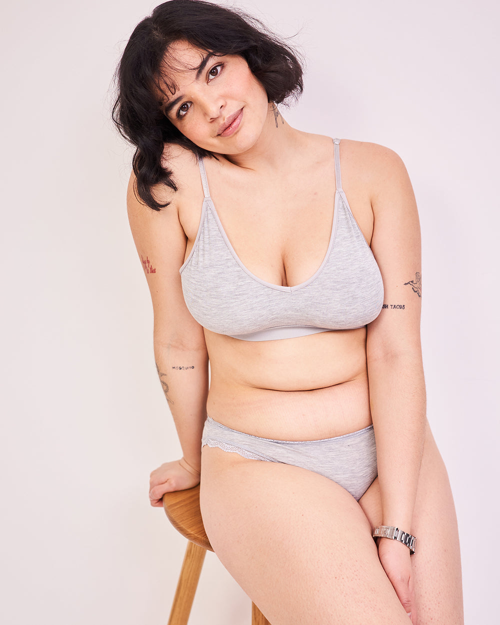 T-shirt Bra & Knicker Set - Grey Marl Stripe & Stare