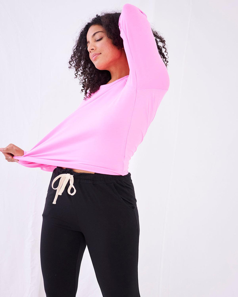Hot Pink Sweatshirt & Black Lightweight Jogger Set Stripe & Stare