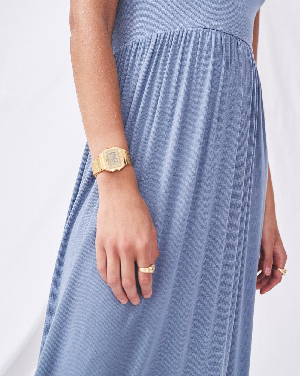 Ribbed Midi T Dress - Bluestone Stripe & Stare