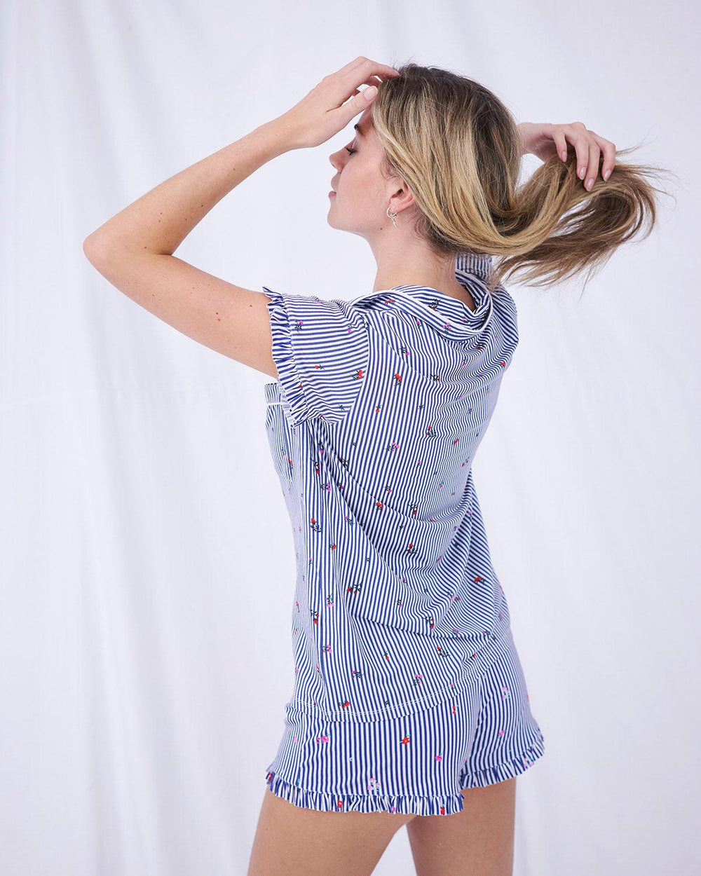 Frill Short Pyjama Set - Navy Ditsy Stripe Stripe & Stare