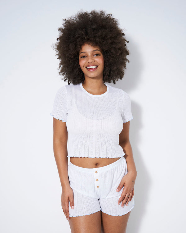 Pointelle Knit T-shirt & Pyjama Short Set - White Stripe & Stare®